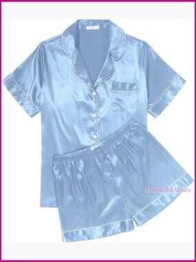 Silk Satin Pajama Set Short Sleeve Button Down Top and Shorts Sleepwear